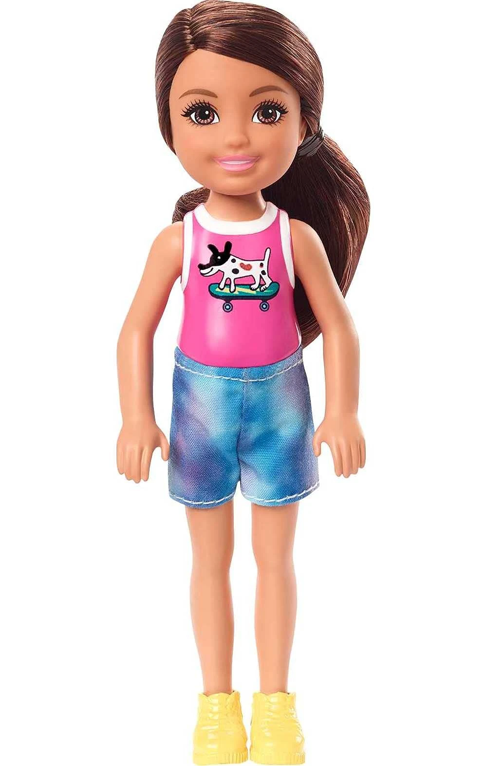Barbie Pop Chelsea Met Bruin Haar En Top Met Hondje Op Skateboard